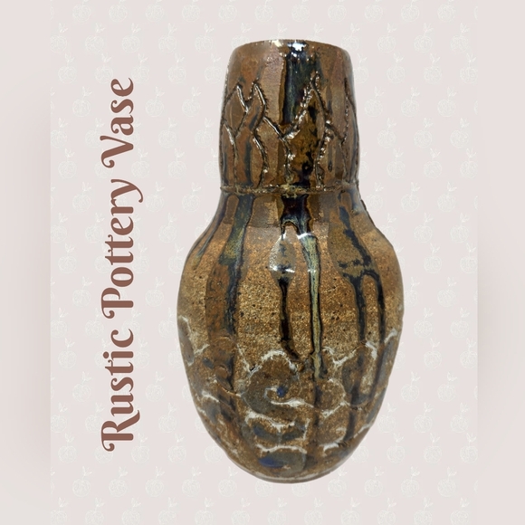 Rustic Pottery Vase Brown & Blue Dripped Glaze Round 7x4 Circumference 12.75 - Picture 1 of 10